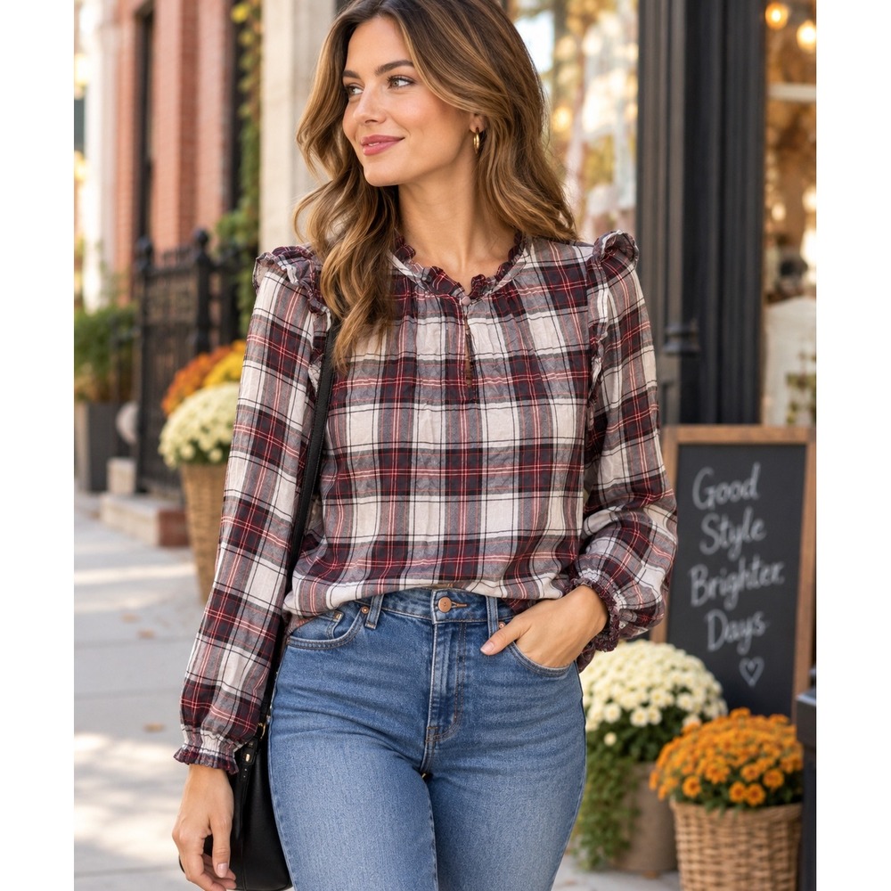 LOFT Plaid Blouse Small Red White Plaid Navy Ruffle Trim Lyocell Fesrive Top